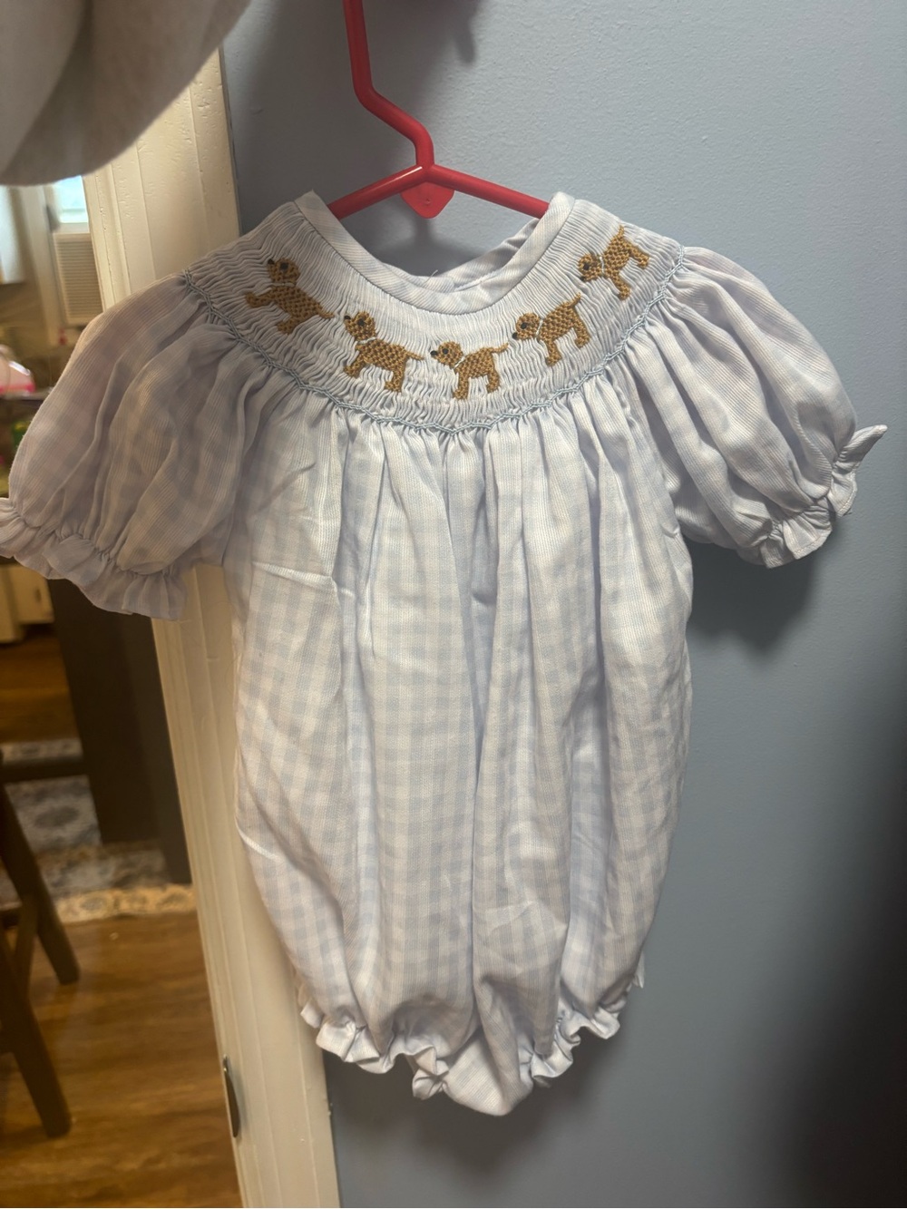 Smocked Puppy Bubble Romper - Light Blue Gingham